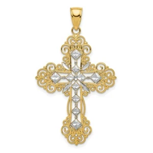 14K Yellow Gold and Rhodium Polished & Textured Kite-Shape Pattern Cross Pendant - Picture 1 of 4
