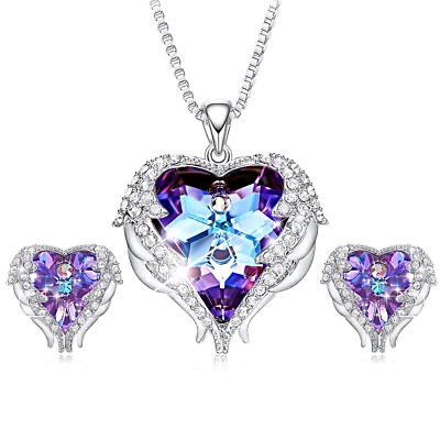 CDE Ala de Ángel Cristal Colgante Collares Púrpura Corazón Océano Plata Pendiente  Foto 1 de 4
