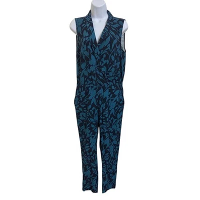 Mono Ann Taylor LOFT Azul Marino Floral Sin Mangas Pierna Ancha Resort Boho Talla 4 Foto 1 de 4