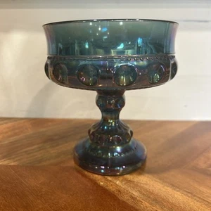 Vintage Carnival Glass Kings Crown Blue Iridescent Thumbprint Pedestal Bowl - Picture 1 of 8