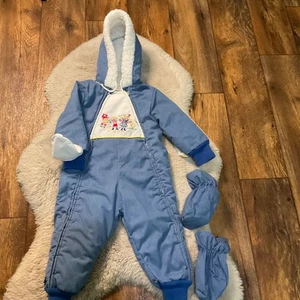 Vintage Snowsuit Baby Bunting Blue Embroidered Hand Foot Covers Removable Hooded - Picture 1 of 11