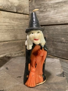 Gurley Halloween Kerze Vintage Hexe hält Besenstiel Hut Etikett unbeleuchtet 5,5" - Bild 1 von 5