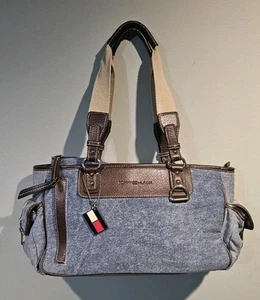 Vintage 90s Tommy Hilfiger Denim Large Bag Purse Faded Blue Jean Bag Charm Logo - Picture 1 of 24