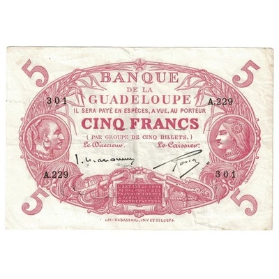 [#391089] Guadeloupe, 5 Francs, Undated (1928-45), A.229, Cabasson, EF, KM:7, c - Image 1 of 2