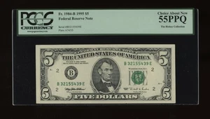 DBR 1995 $5 FRN New York Fr. 1984-B PCGS 55 PPQ Serial B32155439E - Picture 1 of 2