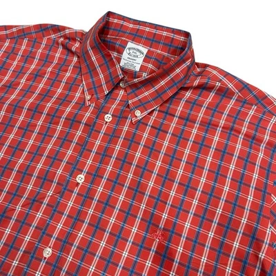 Brooks Brothers Regent 短袖衬衫男式 XXL 红色蓝色格子纽扣 — 第 1/4 张图片