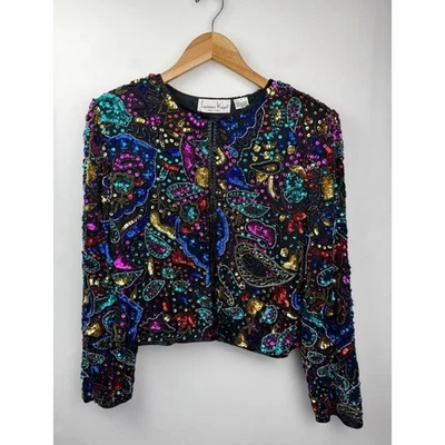 Chaqueta de Noche Laurence Kazar Vintage Seda Cuentas Lentejuelas Colorido Cachemira Grande Foto 1 de 4