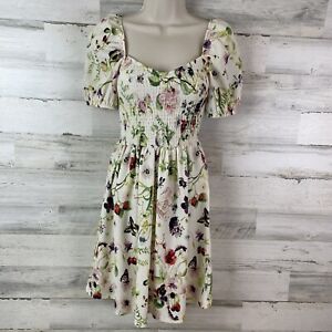 H&M Mini Dress Women’s XS Smocked Bodice Puff Sleeve Floral Butterflies - NWT