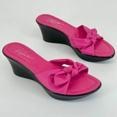 Y2K Harris Pink Leather Wedge Sandals Sz 38 Made in Italy Bow Platform Heels 90s - Image 1 of 4
