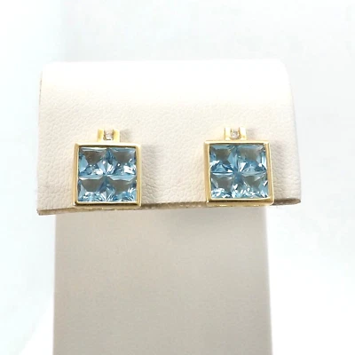 14k Gold Invisible Set Princess Cut Natural Blue Topaz Diamond Stud Earrings New - Image 1 of 4