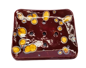 Handmade Ceramic Soap Dish Brown Glaze Yellow Blue Circular Bubbles 12cm x 9cm - Picture 1 of 5