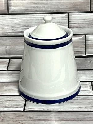 Williams Sonoma "Brasserie" White With Blue Stripe • Sugar Bowl & Lid - Image 1 of 4
