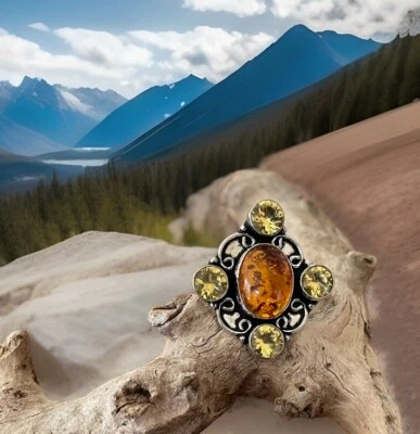 Anillo grande de ámbar báltico y cristal citrino talla 7,5 - plateado - nuevo Foto 1 de 4