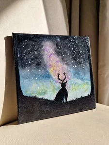 Original Deer Night Galaxy Acrylic Painting On Canvas Hand Painted 20 x 20 cm - Picture 1 of 7