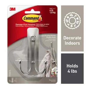 1 Large Brushed Nickel Heavy Duty Damage Free Double Utility Hanging Wall Hooks - Picture 1 of 7