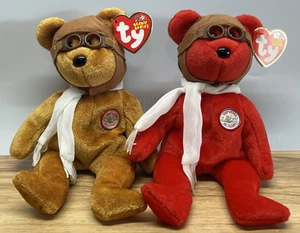 Ty 100 Years of Flight Beanie Babies Bearon Set ~ 2 Aviator Goggles Scarf Wright - Picture 1 of 8