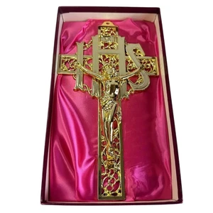 Crocifisso da appendere vintage in metallo dorato pesante 9,5" cattolico IHS croce da parete - Foto 1 di 4