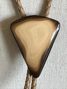 VTG Natural Gemstone Jasper Bolo Tie Brown Braided Rope w Brass Tips - Picture 1 of 7