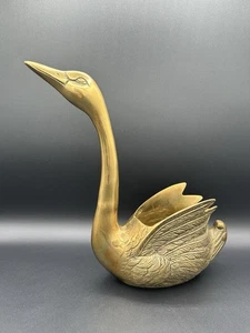 Vintage Long Neck Large Swan Goose Solid Brass 12 1/2" Tall Planter - Picture 1 of 9