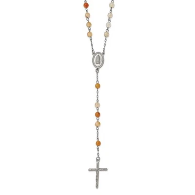Stainless Steel Polished with Agate Beads Rosary 31 inch Necklace - Image 1 of 4