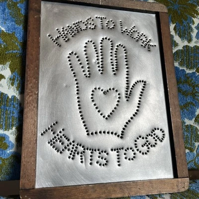 Vintage Punched Tin HANDS To WORK; HEARTS To GOD Framed Rustic Country Farmhouse - Image 1 of 4