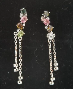 Sterling Silver Natural Tourmaline Mixed Colour Dangling Earrings UK Seller 654 - Picture 1 of 4