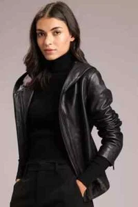 Hooded Leather Jacket Women Soft Lambskin Handmade Hood Biker Black Jacket - Picture 1 of 10
