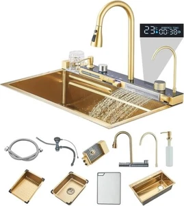 Gold Kitchen Sink Deluxe Flying Rain Waterfall Single Bowl Pull Out Faucet W/LCD - Picture 1 of 19