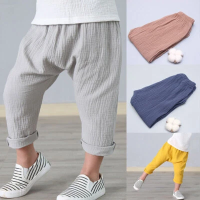 Kids Pants Boy Girl Linen Pleated Trousers Ankle-length Pants Baby Boys Pants  - Image 1 of 4