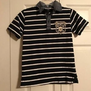 GAP KIDS Boy's Large Blue White Polo Shirt Striped Pacific Skull Distressed - Picture 1 of 5