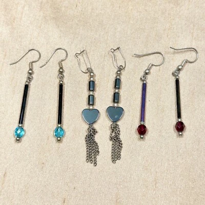 Hematite Long Dangle Earrings, Heishi Tube Beads, Heart, & Tassel - 3 Pairs - Image 1 of 4