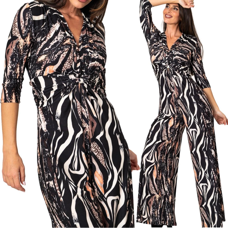 Damen Overall Palazzo Mit Animal Print 3/4 Arm V-Ausschnitt - Bild 1 von 4