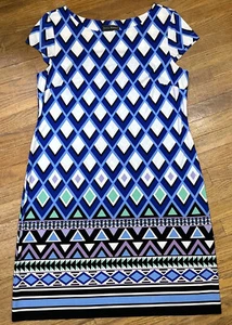 Jessica Howard Shift Dress Sz Lg Blue White Geometric Knee Length Cap Sleeve - Picture 1 of 9