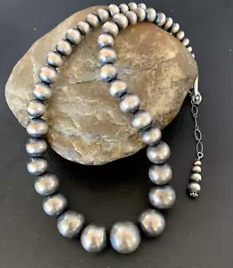 "Collar de perlas navajo graduadas de plata de ley redondo sin costuras 16""" - Imagen 1 de 12