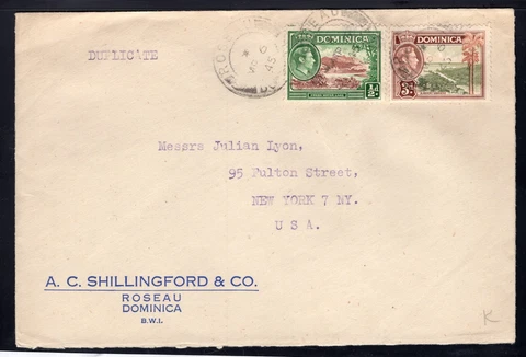 Dominica 1945 Commercial Cover to NY franked 1/2p and 3p, Scott 97, 102 Cover