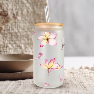 16 Oz Plumeria Tropical Flower Smoothie Drinking Ice Coffee Glass Cup - Picture 1 of 1