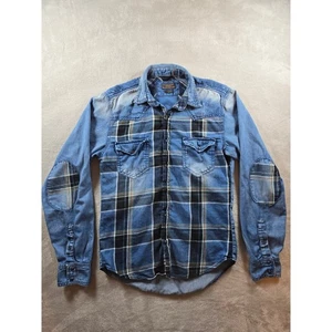 Zara Man Denim Couture Shirt Mens M Fit S Slim Fit Blue Plaid Elbow Patch *Read - Picture 1 of 13