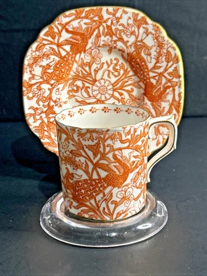 Taza y platillo Demitasse plano rojo pavo real Royal Crown Derby RARO LEER Foto 1 de 4