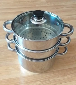 3 tier vegetable STEAMER cooking pot stainless steel pan with glass lid - Picture 1 of 7