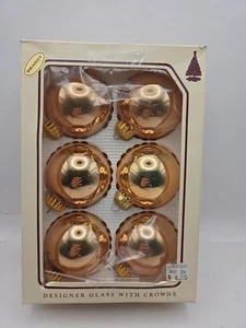 6 Vintage Christmas by Krebs Pink Glass Ball Ornaments Bright Gold Bulbs W/ Box - Picture 1 of 10