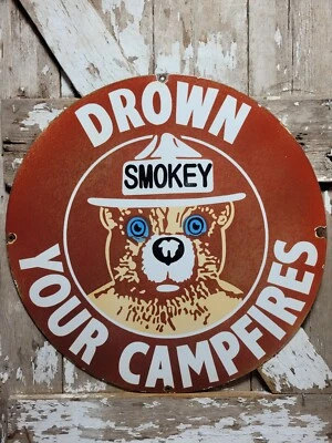 LETRERO DE PORCELANA DE COLECCIÓN SMOKEY THE BEAR 30" PARQUE NACIONAL FOGATA SERVICIO FORESTAL Foto 1 de 4