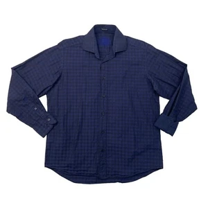 Bugatchi Shirt Men M Medium Black Ocean Blue Gingham Plaid Classic Fit Flip Cuff - Picture 1 of 10