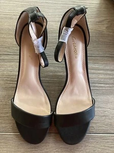 Greatonu Womens Strappy Ankle Strap Sandals Low Kitten Heels Open Toed Black Sz8 - Picture 1 of 5