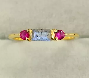 Labradorite & Ruby 14k Solid Yellow Gold Minimalist Handmade Ring, - Picture 1 of 7