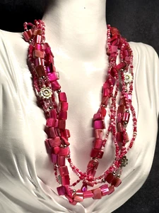 Vintage Necklace Layered Pink Abalone Plastic Beads Silver Tone Metal - Picture 1 of 14