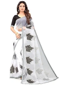 Women's Net Embroidery Patch work Saree for Special Festival - Picture 1 of 27