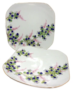 VTG Set (2) Occupied Japan 8" Sq White Porcelain Blue Snapdragon Dessert Plates - Picture 1 of 8