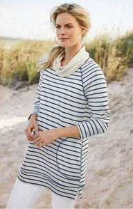 Soft Surroundings Taylor Tunic Top Size L French Terry Striped Blue Cowl Neck - Picture 1 of 8