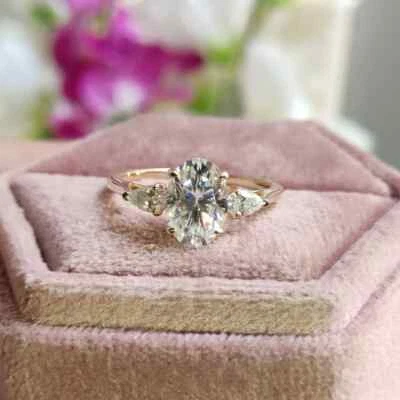 1.90 Ct Oval & Pear Cut IGI Lab Grown Diamond 14k Yellow Gold Three Stone Ring - Image 1 of 4