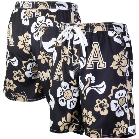 Men's Wes & Willy Black Army Black Knights Floral Volley Logo Swim Trunks Cover